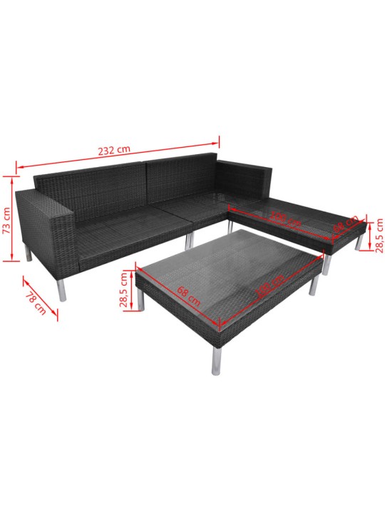 4-daļīgs dārza atpūtas mēbeļu komplekts ar matračiem, PE, melns