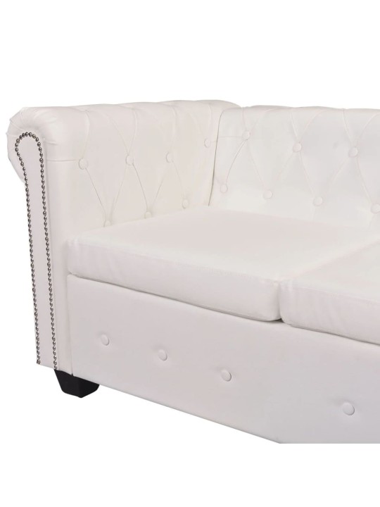 Piecvietīgs Chesterfield stūra dīvāns, balta mākslīgā āda