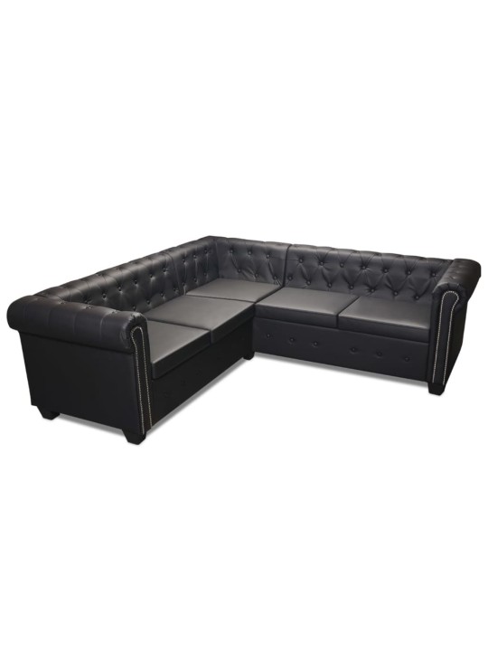 Piecvietīgs Chesterfield dīvāns, melna mākslīgā āda