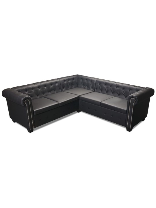 Piecvietīgs Chesterfield dīvāns, melna mākslīgā āda