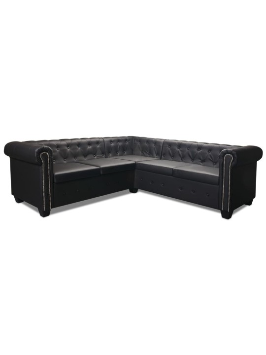 Piecvietīgs Chesterfield dīvāns, melna mākslīgā āda