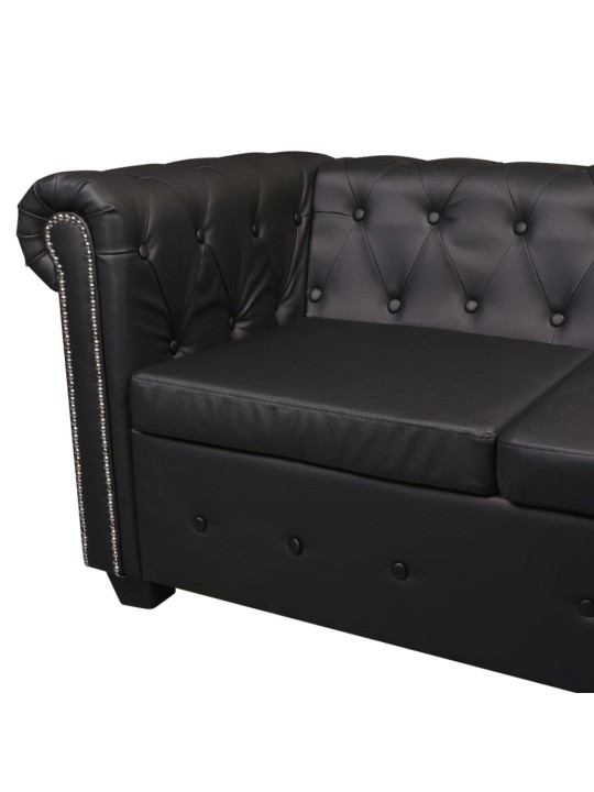 Piecvietīgs Chesterfield dīvāns, melna mākslīgā āda