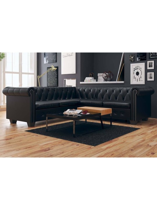 Piecvietīgs Chesterfield dīvāns, melna mākslīgā āda