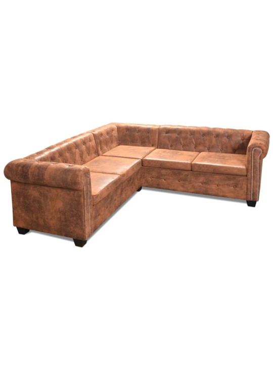 Divvietīgs chesterfield stūra dīvāns, brūna mākslīgā āda