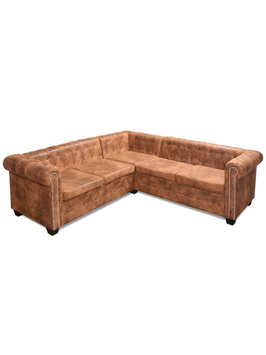 Divvietīgs chesterfield stūra dīvāns, brūna mākslīgā āda