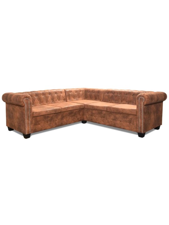 Divvietīgs chesterfield stūra dīvāns, brūna mākslīgā āda