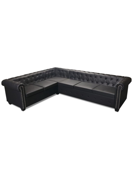 Sešvietīgs chesterfield dīvāns, melna mākslīgā āda