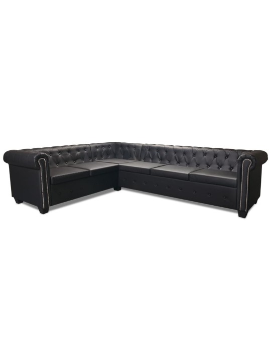 Sešvietīgs chesterfield dīvāns, melna mākslīgā āda