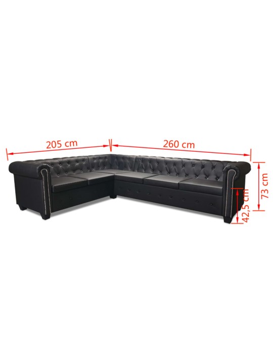 Sešvietīgs chesterfield dīvāns, melna mākslīgā āda