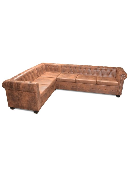 Sešvietīgs chesterfield dīvāns, brūna mākslīgā āda
