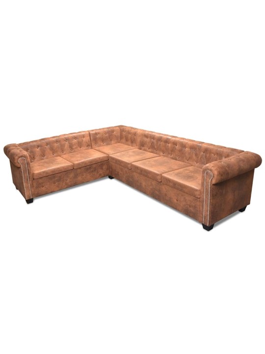 Sešvietīgs chesterfield dīvāns, brūna mākslīgā āda