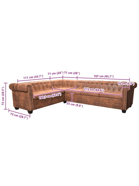 Sešvietīgs chesterfield dīvāns, brūna mākslīgā āda