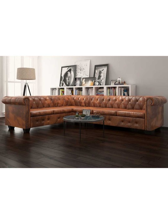 Sešvietīgs chesterfield dīvāns, brūna mākslīgā āda