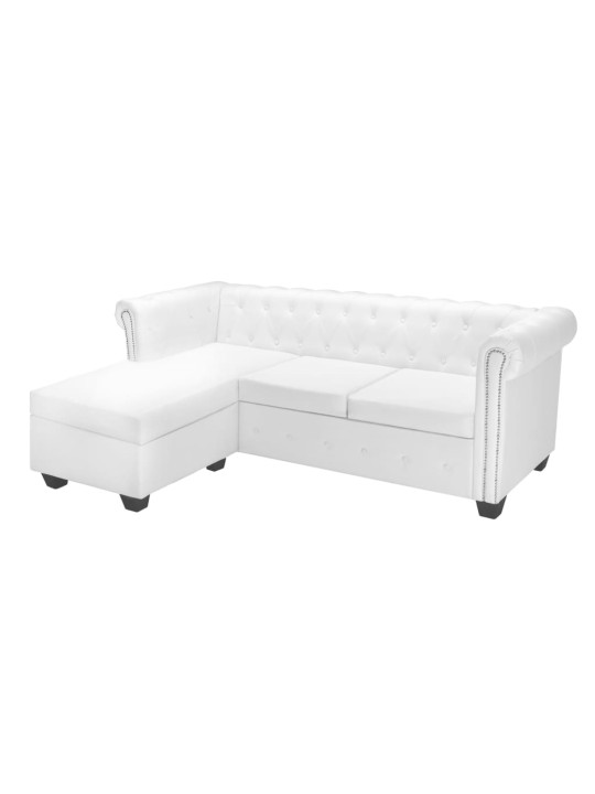 Stūra dīvāns Chesterfield, balta mākslīga zamšāda