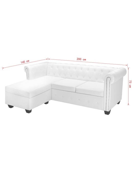 Stūra dīvāns Chesterfield, balta mākslīga zamšāda