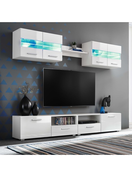 Tv sienas sekcija ar led gaismām, 5 gab., spīdīgi balta