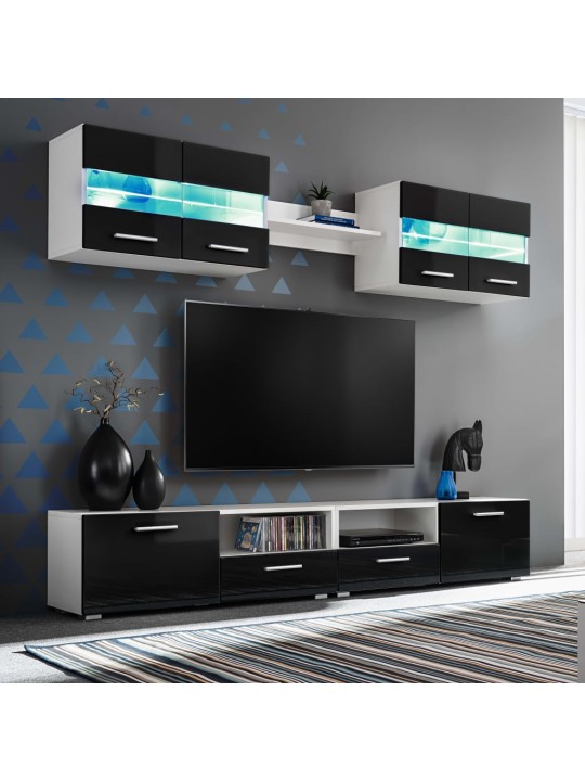 Tv sienas sekcija ar led gaismām, 5 daļas, spīdīgi melna