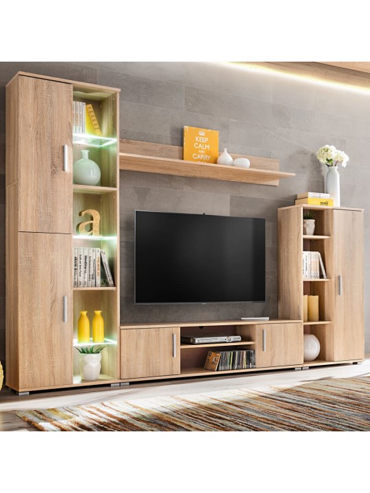 Tv sienas sekcija ar led gaismām, sonomas ozols
