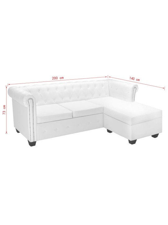 Stūra dīvāns Chesterfield, balta mākslīga zamšāda