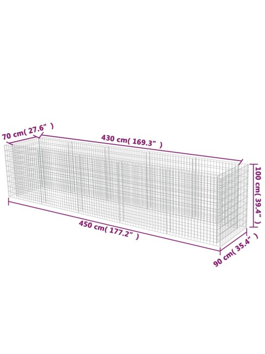 Gabions, augstā puķu kaste, cinkots tērauds, 450x90x100 cm