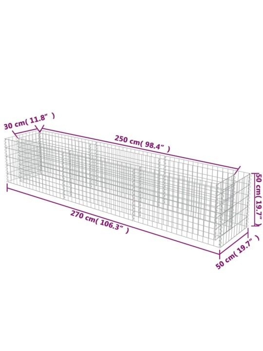 Gabions, augstā puķu kaste, cinkots tērauds, 270x50x50 cm