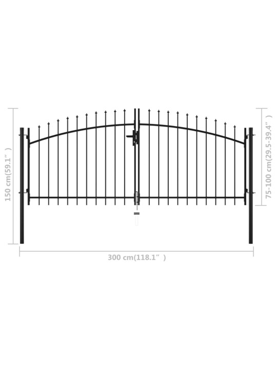 Dārza vārti ar pīķiem augšpusē, divviru, 300x150 cm