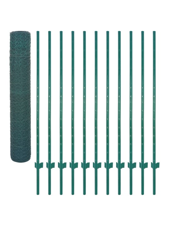 Stiepļu žogs ar stabiem, 25x1,5 m, zaļš tērauds