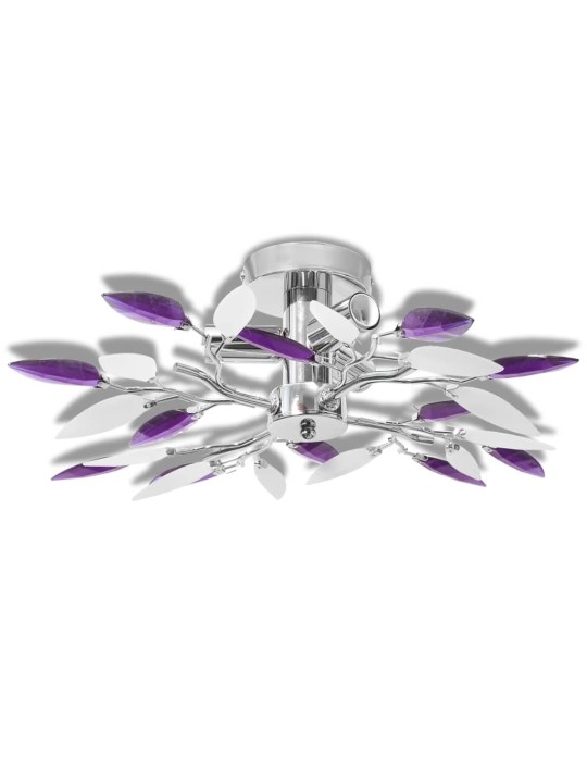 Griestu lampa ar baltām un violetām akrila kristāla lapām e14