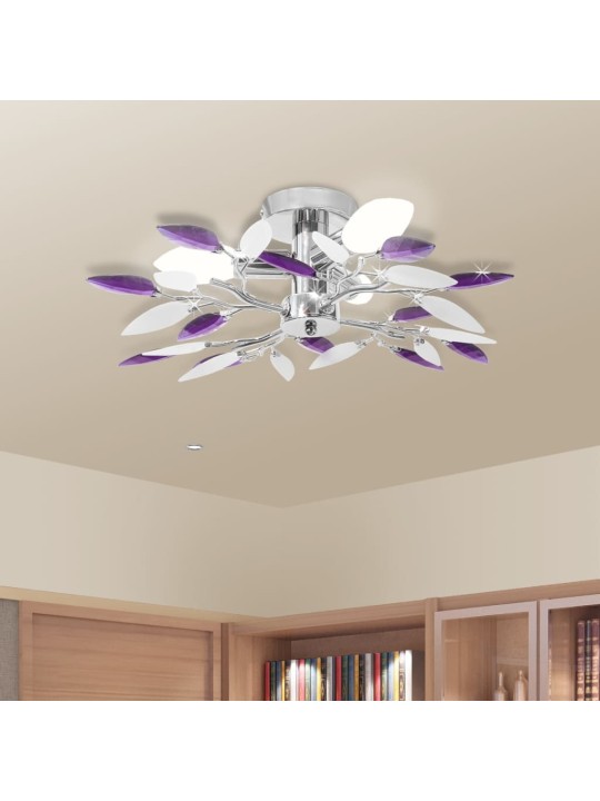 Griestu lampa ar baltām un violetām akrila kristāla lapām e14