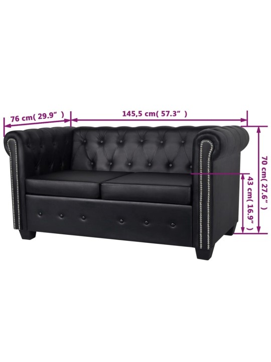 Chesterfield dīvāns, divvietīgs, melna mākslīgā āda