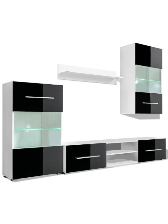 Tv sekcija, sienas plaukti, 4 gab., ar led, spīdīgi melni