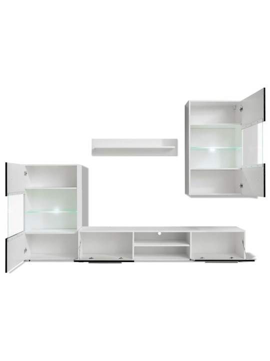 Tv sekcija, sienas plaukti, 4 gab., ar led, spīdīgi melni