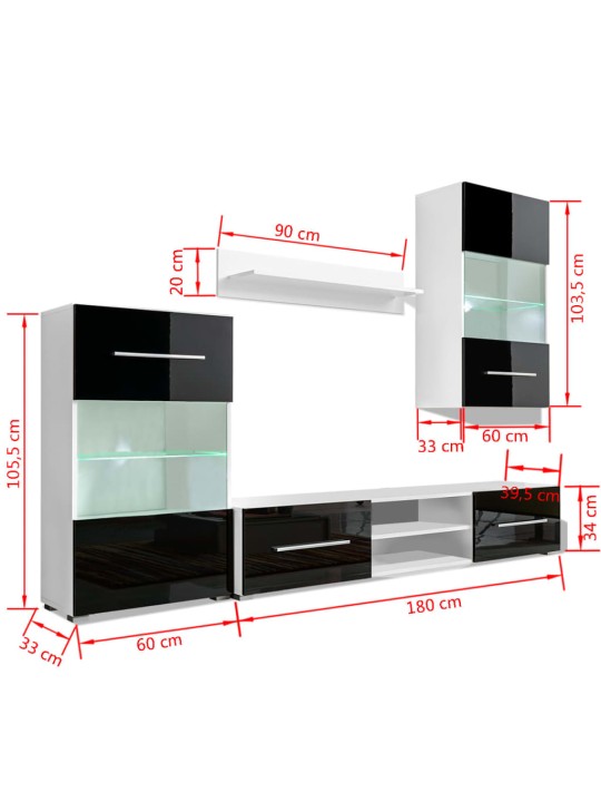 Tv sekcija, sienas plaukti, 4 gab., ar led, spīdīgi melni