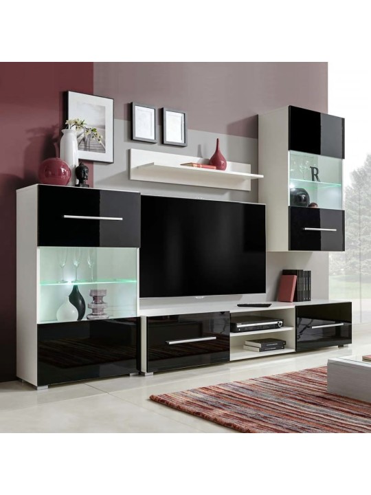 Tv sekcija, sienas plaukti, 4 gab., ar led, spīdīgi melni