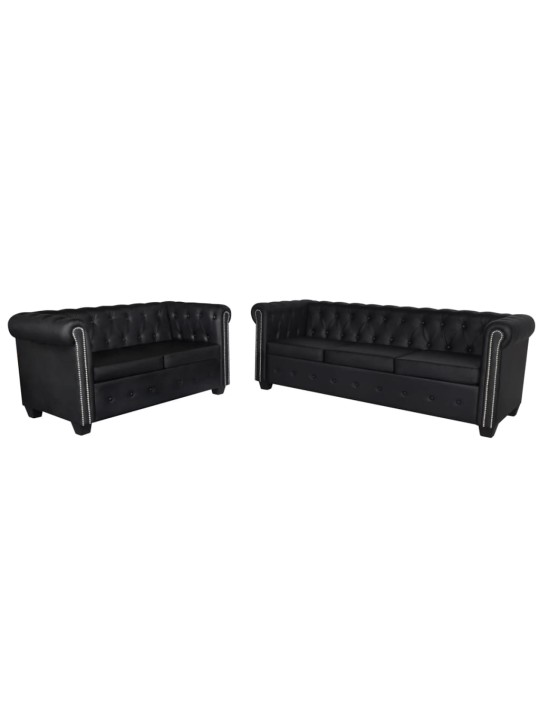 Chesterfield dīvānu komplekts, melna mākslīgā āda