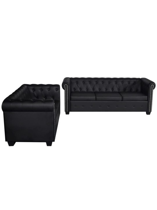 Chesterfield dīvānu komplekts, melna mākslīgā āda