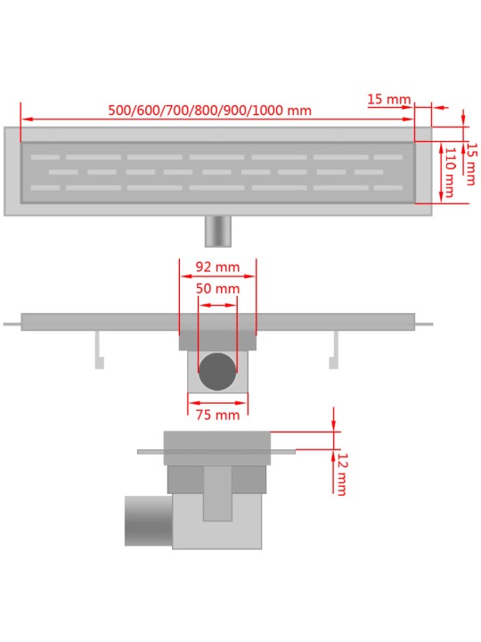 Lineārā dušas noteka, 730x140 mm, nerūsējošs tērauds