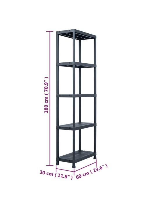 Uzglabāšanas plaukts, melns, 125 kg, 60x30x180 cm, plastmasa