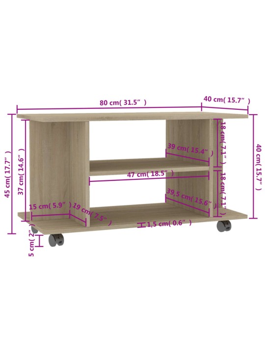 Tv skapītis ar ritenīšiem, ozola, 80x40x45cm, inženierijas koks
