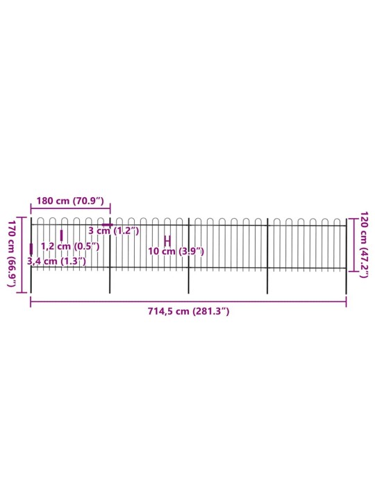 Dārza žogs ar stīpām augšpusē, tērauds, 714,5x120 cm, melns