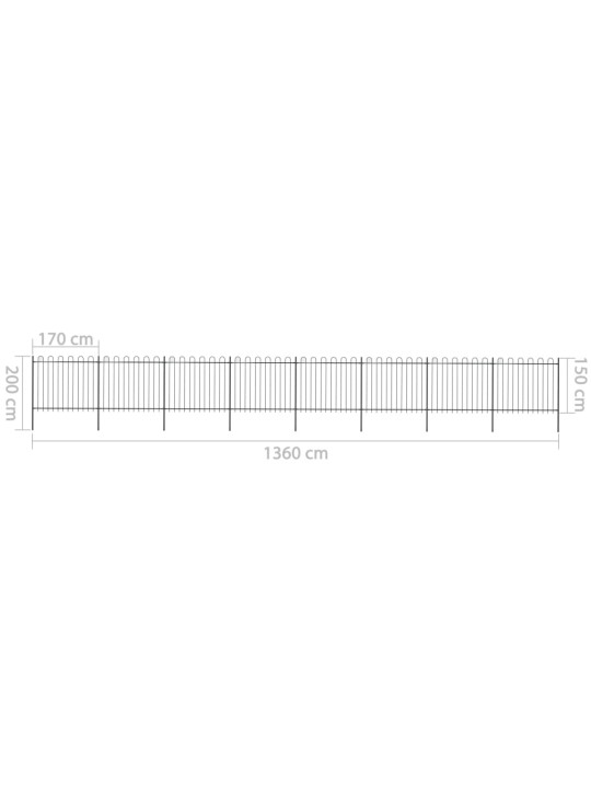Dārza žogs ar noapaļotu augšmalu, 13,6x1,5 m, melns tērauds