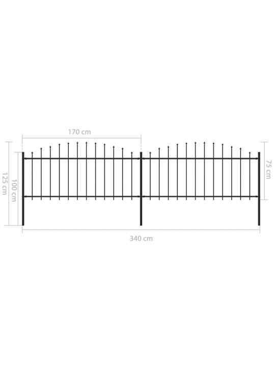 Dārza žogs ar pīķiem augšpusē, tērauds, (0,5-0,75)x3,4 m, melns