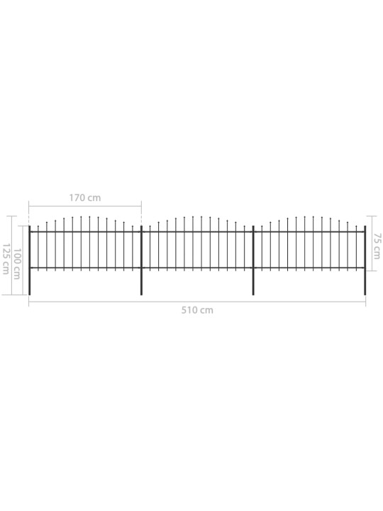 Dārza žogs ar pīķiem augšpusē, tērauds, (0,5-0,75)x5,1 m, melns
