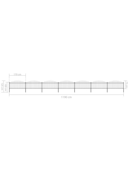 Dārza žogs ar pīķiem augšpusē, tērauds, (0,5-0,75)x11,9m, melns