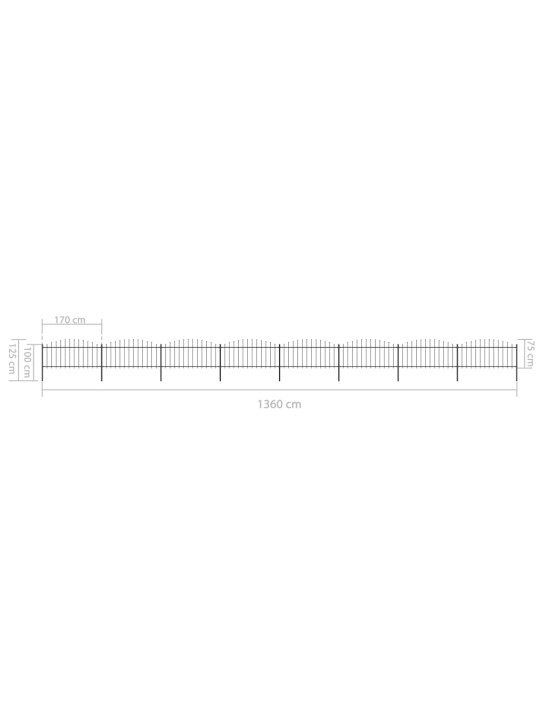 Dārza žogs ar pīķiem augšpusē, tērauds, (0,5-0,75)x13,6m, melns