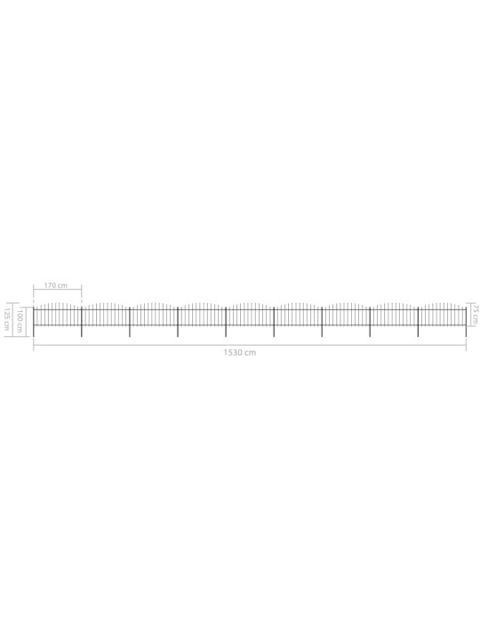 Dārza žogs ar pīķiem augšpusē, tērauds, (0,5-0,75)x15,3m, melns