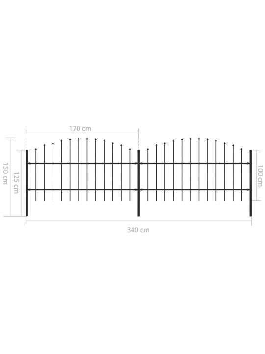 Dārza žogs ar pīķiem augšpusē, tērauds, (0,75-1)x3,4 m, melns