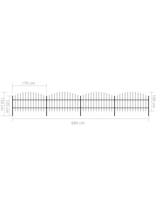 Dārza žogs ar pīķiem augšpusē, tērauds, (0,75-1)x6,8 m, melns