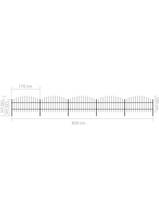Dārza žogs ar pīķiem augšpusē, tērauds, (0,75-1)x8,5 m, melns