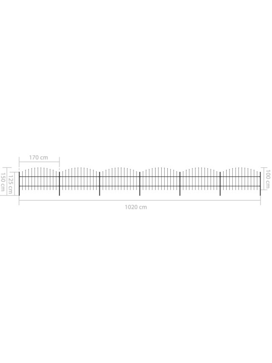 Dārza žogs ar pīķiem augšpusē, tērauds, (0,75-1)x10,2 m, melns